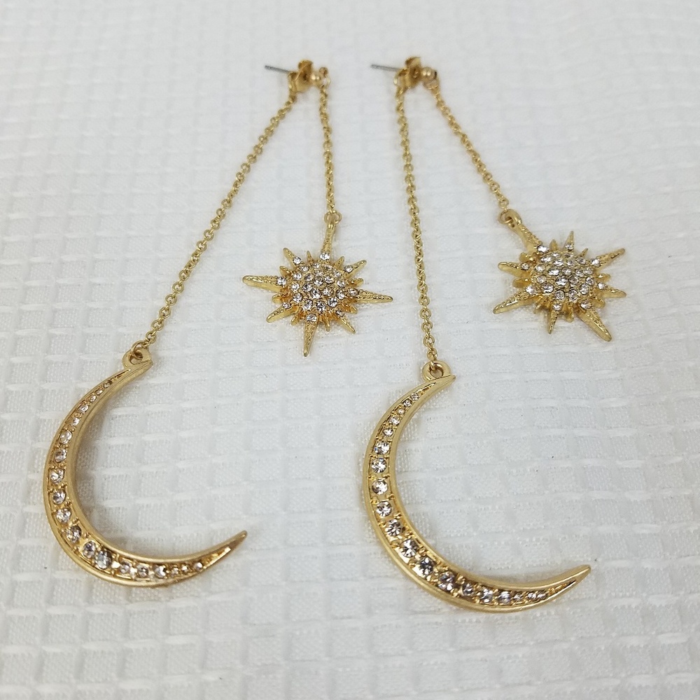 Celestial Statement Moon Starburst GOLD Earrings - Picture 4 of 8